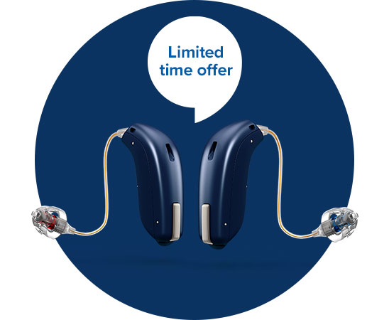 Image of two hearing aids on blue background