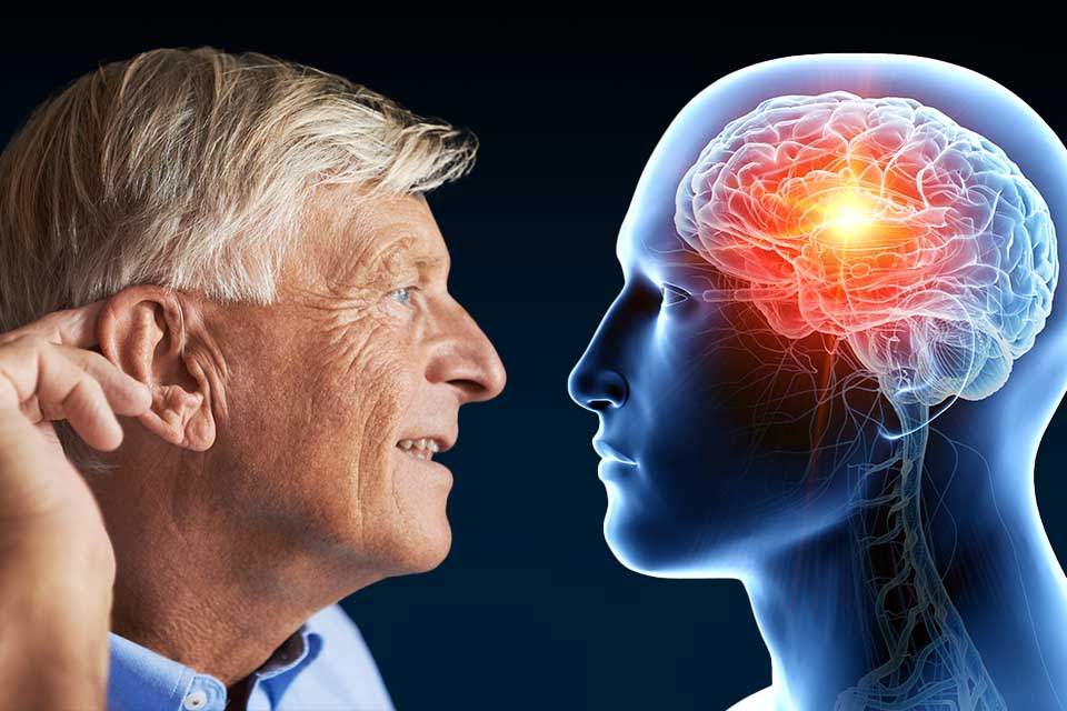 Image shoes man and brain showing the connection between dementia and hearing loss